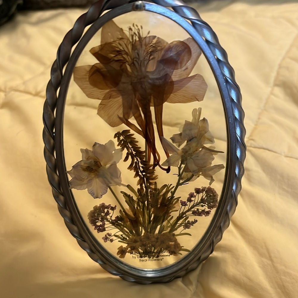 Lasting Impressions Real Pressed Flowers in Glass w/Oval Metal Framed Art 5.5"